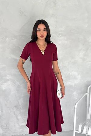 Neşeli butik kadın esnek V-yaka midi boy astarsız elbise NBK4179