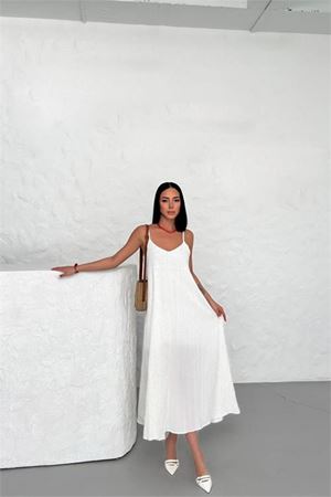 Neşeli butik kadın beyaz askılı içi astarlı kaş keten elbise NBG017