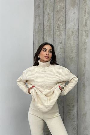kadın bej fitilli balıkçı yaka alt üst triko takım DPDM1215