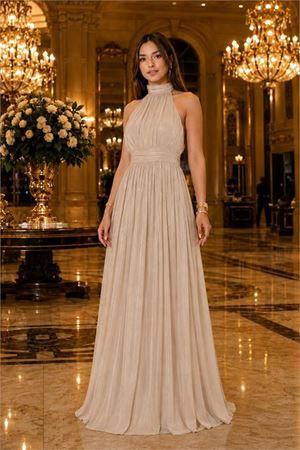 Neşeli butik kadın taş rengihalter yaka janjan kumaş premium abiye elbise NBMY4128