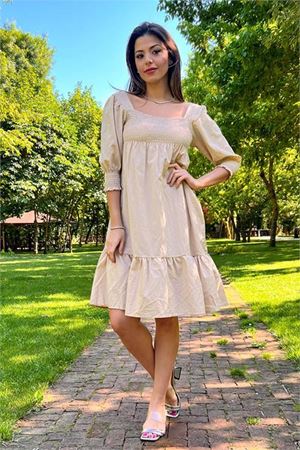 Neşeli butik kadın yeni sezon eteği fırfırlı kare yaka kısa elbise SNP008
