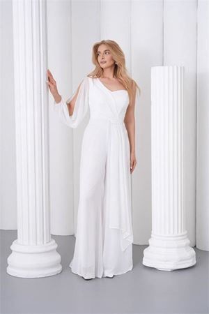 Kadın beyaz tek kol astarlı tül kumaş tasarım abiye tulum DPS9389