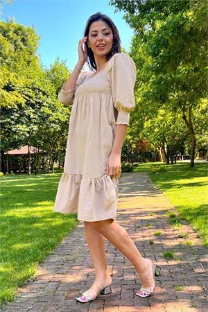 Neşeli butik kadın yeni sezon eteği fırfırlı kare yaka kısa elbise SNP008