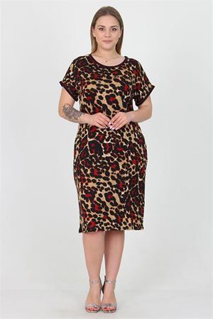 Neşeli butik kadın bej leopar desenli büyük beden günlük elbise AYSL21