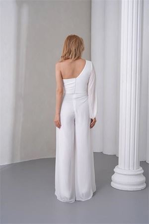 Kadın beyaz tek kol astarlı tül kumaş tasarım abiye tulum DPS9389
