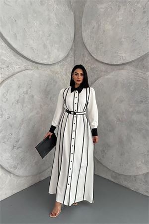 Neşeli butik kadın kemerli çizgi detaylı uzun gömlek elbise NBMS42166