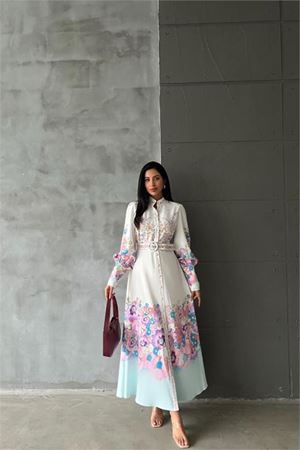 Neşeli butik kadın çiçek desenli kemerli tasarım elbise NBMS4263