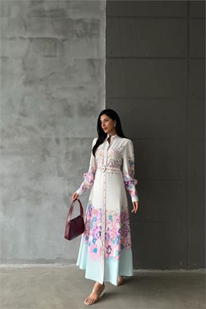 Neşeli butik kadın çiçek desenli kemerli tasarım elbise NBMS4263