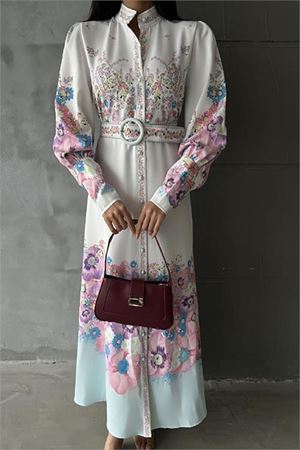 Neşeli butik kadın çiçek desenli kemerli tasarım elbise NBMS4263