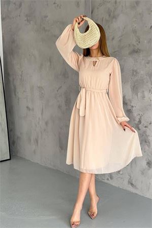 Neşeli butik kadın bej midi boy astarlı şifon elbise NBKKLF2027