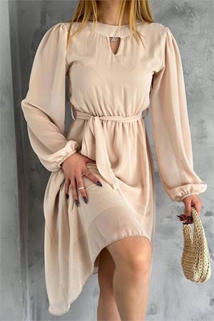 Neşeli butik kadın bej midi boy astarlı şifon elbise NBKKLF2027
