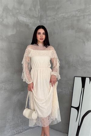 Kadın bej transparan dantel detaylı tül midi elbise --- DPK4571