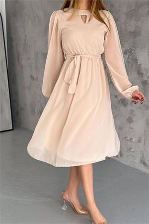 Neşeli butik kadın bej midi boy astarlı şifon elbise NBKKLF2027