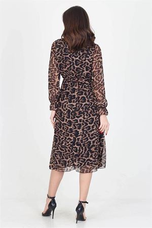 Neşeli butik kadın yakası bağlama dertaylı leopar şifon elbise RSSN07