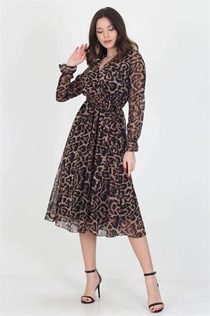 Neşeli butik kadın yakası bağlama dertaylı leopar şifon elbise RSSN07