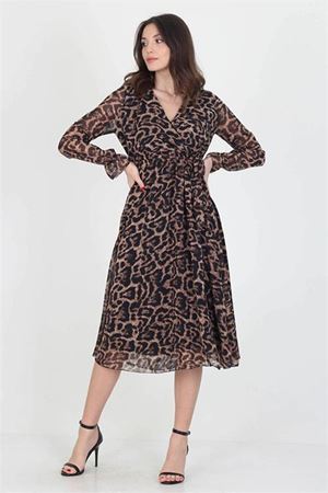 Neşeli butik kadın yakası bağlama dertaylı leopar şifon elbise RSSN07