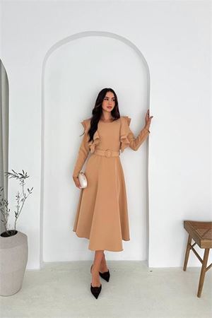 Kadın omuz detaylı midi elbise DPK4309