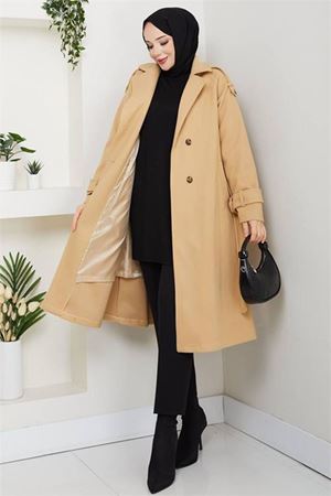 Neşeli butik kadın omuz detaylı düğmeli midi boy astarlı kaşe kaban NBFT005