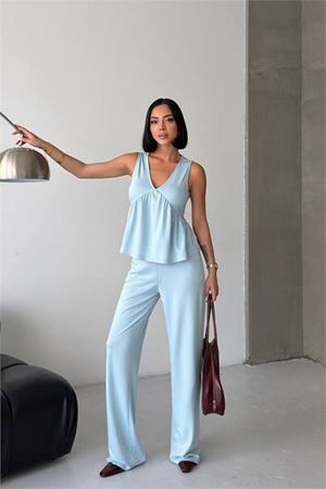 Kadın bebe mavi modal kumaş volanlı atlet geniş paça pantolon yazlık ikili takım DPG132
