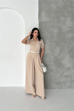 Neşeli butik kadın bej gömlek yaka kemerli geniş paça tulum NBK4197