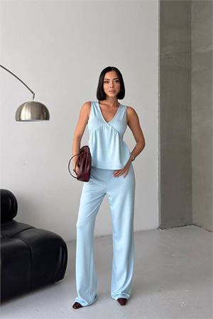 Kadın bebe mavi modal kumaş volanlı atlet geniş paça pantolon yazlık ikili takım DPG132