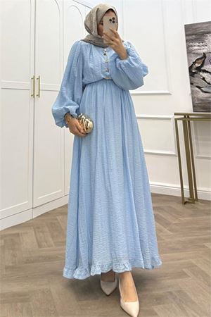 Neşeli butik kadın bebe mavi eteği fırfırlı düğme detaylı pamuklu salaş tesettür elbise NMS086