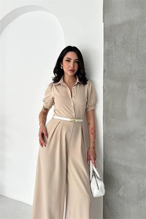 Neşeli butik kadın bej gömlek yaka kemerli geniş paça tulum NBK4197