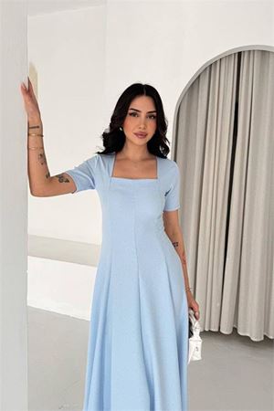 Neşeli butik kadın bebe mavi taş detaylı kare yaka midi boy kısa kollu elbise NBK4605