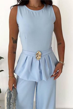 Neşeli butik kaldın bebe mavi kolsuz gold toka detaylı peplum kesim preium tulum NBK4637