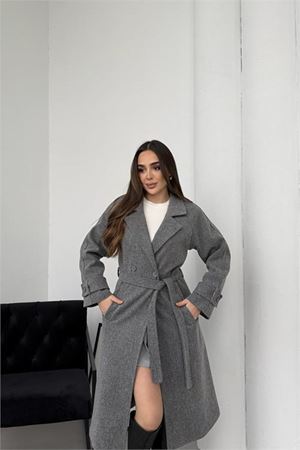 Kadın premium kuşaklı reglan kol düğmeli antrasit kaşe kaban DPKBN01