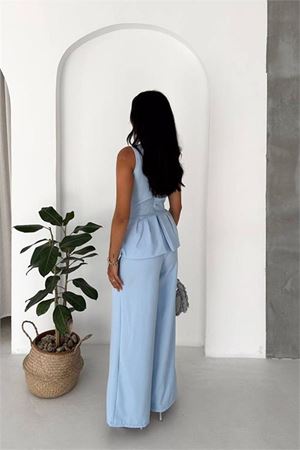 Neşeli butik kaldın bebe mavi kolsuz gold toka detaylı peplum kesim preium tulum NBK4637