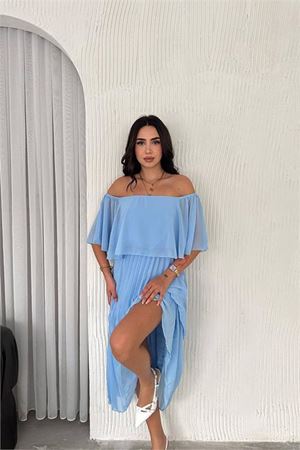 Neşeli butik kadın madonna yaka piliseli şifon elbise NBK2099