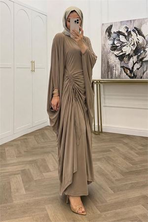 Kadın bej büzgü detaylı premium tunik pantolon tesettür takım NMS103