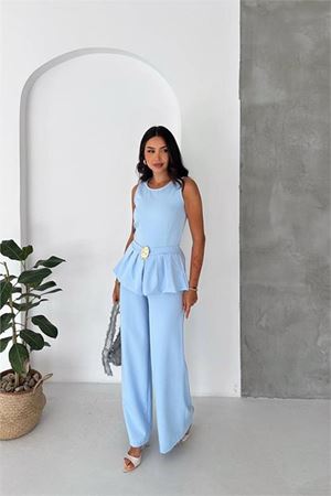 Neşeli butik kaldın bebe mavi kolsuz gold toka detaylı peplum kesim preium tulum NBK4637