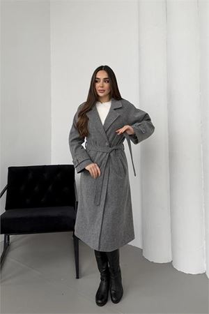 Kadın premium kuşaklı reglan kol düğmeli antrasit kaşe kaban DPKBN01