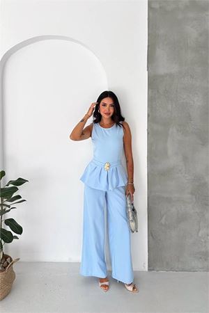 Neşeli butik kaldın bebe mavi kolsuz gold toka detaylı peplum kesim preium tulum NBK4637