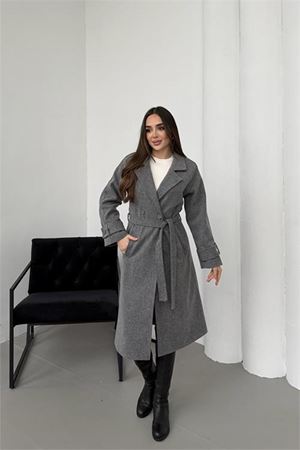 Kadın premium kuşaklı reglan kol düğmeli antrasit kaşe kaban DPKBN01