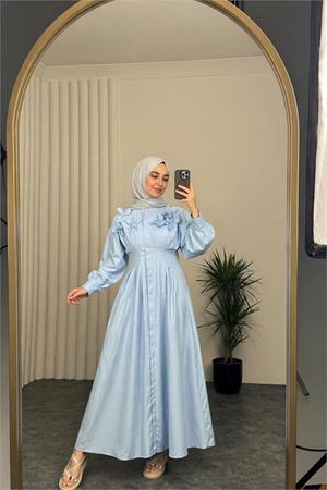 Neşeli butik kadın bebe mavi belden oturtmalı çiçek detaylı premium tesettür elbise NBVQ4933