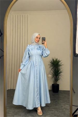 Neşeli butik kadın bebe mavi belden oturtmalı çiçek detaylı premium tesettür elbise NBVQ4933