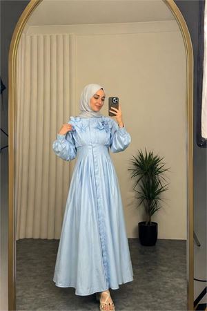 Neşeli butik kadın bebe mavi belden oturtmalı çiçek detaylı premium tesettür elbise NBVQ4933