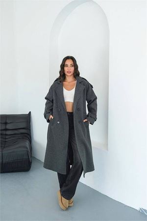 Neşeli butik kadın omuz detaylı antrasit kaşe kaban NBMYLK34