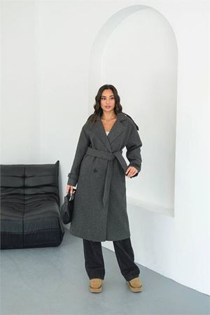 Neşeli butik kadın omuz detaylı antrasit kaşe kaban NBMYLK34
