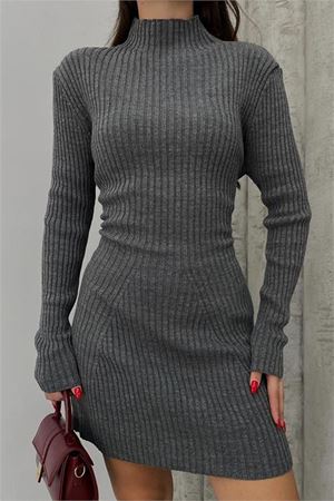 Neşeli butik kadın antrasit fitilli mini triko elbise NBDM1208