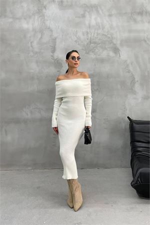 Neşeli butik kadın triko ekru madonna yaka uzun elbise NBDM1218