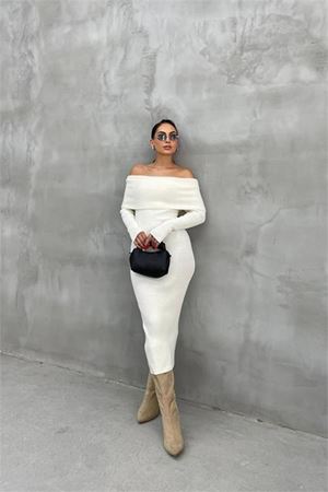 Neşeli butik kadın triko ekru madonna yaka uzun elbise NBDM1218
