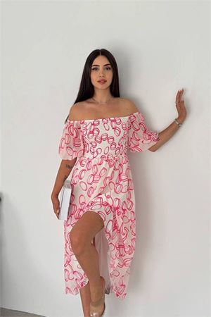 Dipmoda kadın astarlı midi boy desenli şifon elbise DPQ008