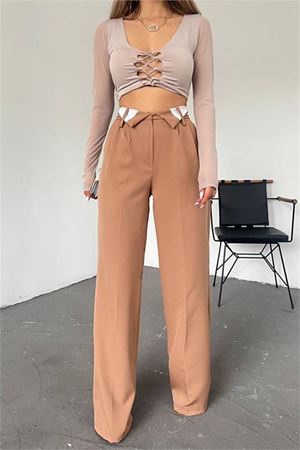 kadın camel bol paça palazzo kumaş pantolon DPQNS036