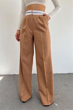 Neşeli butik kadın camel palazzo cepli pantolon QNS037