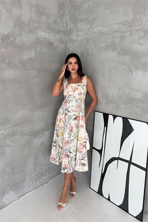 Kadın ekru kare yaka çiçek desenli kolsuz beli oturan midi elbise DPK4670