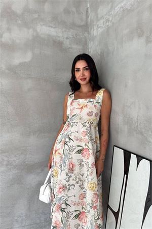 Kadın ekru kare yaka çiçek desenli kolsuz beli oturan midi elbise DPK4670